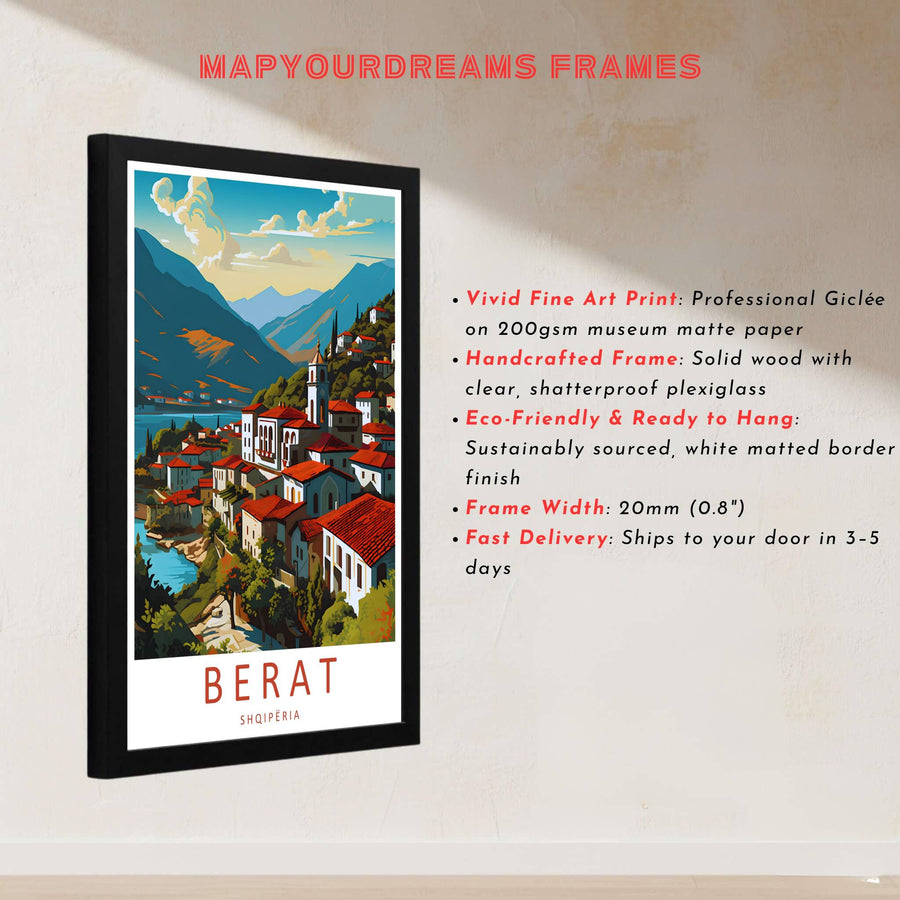 Modern vintage-style travel artwork showing Berat Albania on archival stock with refined typography reading Berat Shqipëria for your home decor. Offered by MapYourDreams, this artwork is available in flexible options including unframed paper, custom wooden frames, and gallery canvas wraps.