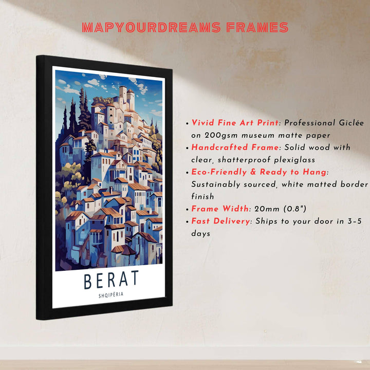 Geographic travel poster of Albania highlighting Berat&