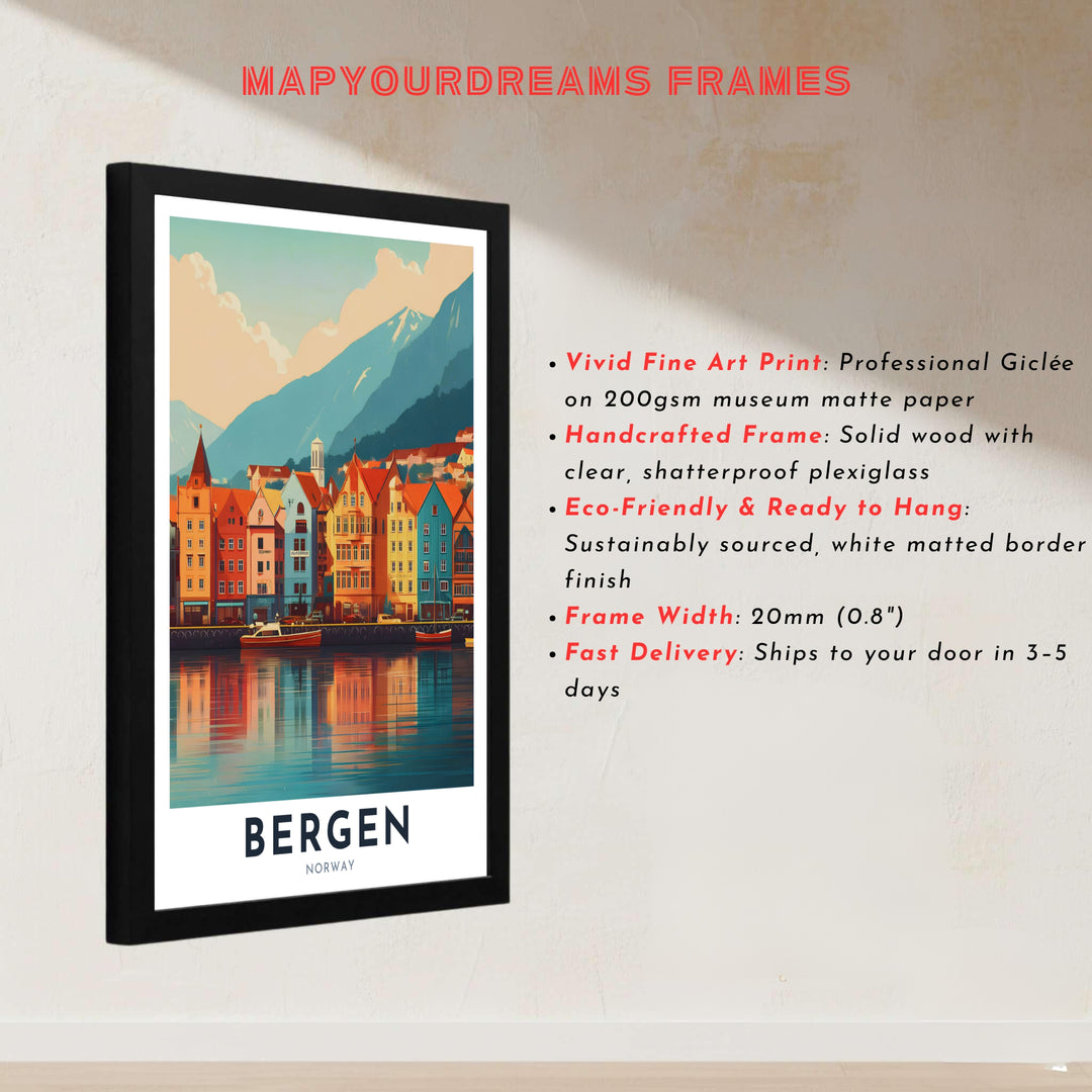 Detailed artistic rendering of the world heritage Bryggen waterfront in Bergen Norway set against dramatic fjord landscape contours. Designed by MapYourDreams, this stunning print is offered in custom framed styles, gallery quality stretched canvas, or simple unframed paper formats for easy framing.