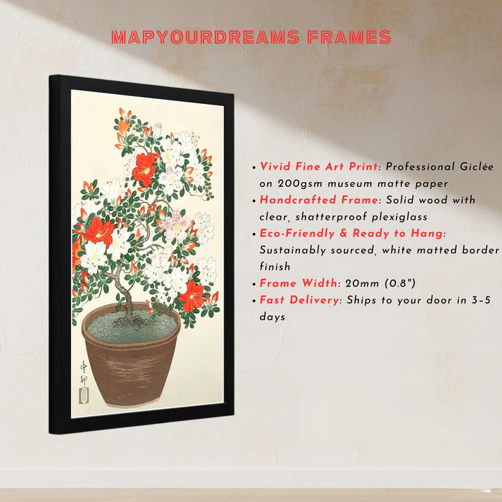 Japanese Shin-hanga floral poster featuring red and white azalea blossoms from a famous Tokyo art museum series. MapYourDreams presents quality framed, unframed, and canvas options for home decor.