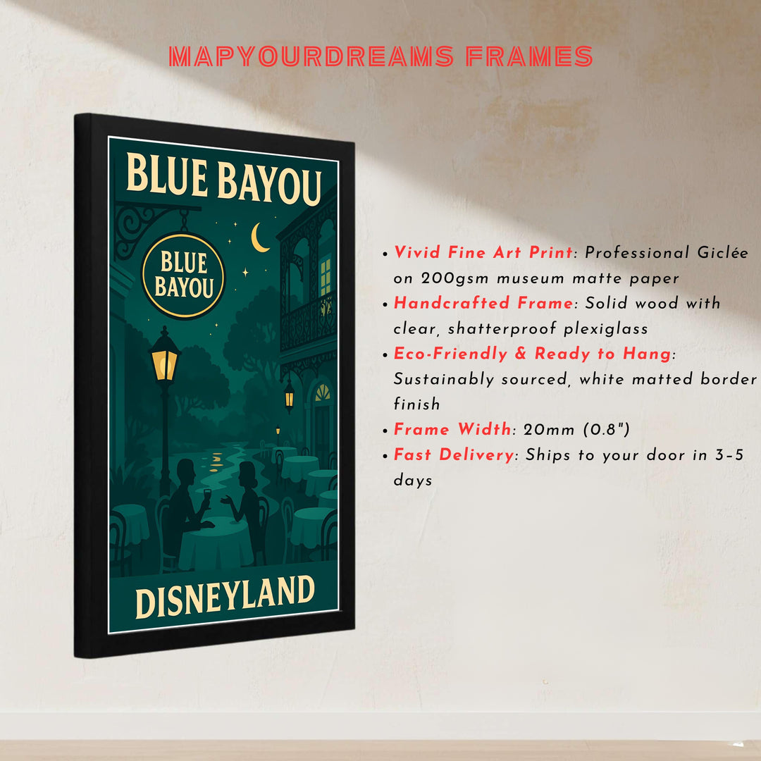 Theme park restaurant illustration showcasing dark teal forest foliage and glowing lanterns at Blue Bayou Disneyland in California, presented by MapYourDreams with choices for unframed poster prints, museum wrapped canvas, or custom frame finishes in black, white, pure gold, and retro white.