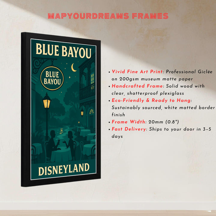 Theme park restaurant illustration showcasing dark teal forest foliage and glowing lanterns at Blue Bayou Disneyland in California, presented by MapYourDreams with choices for unframed poster prints, museum wrapped canvas, or custom frame finishes in black, white, pure gold, and retro white.