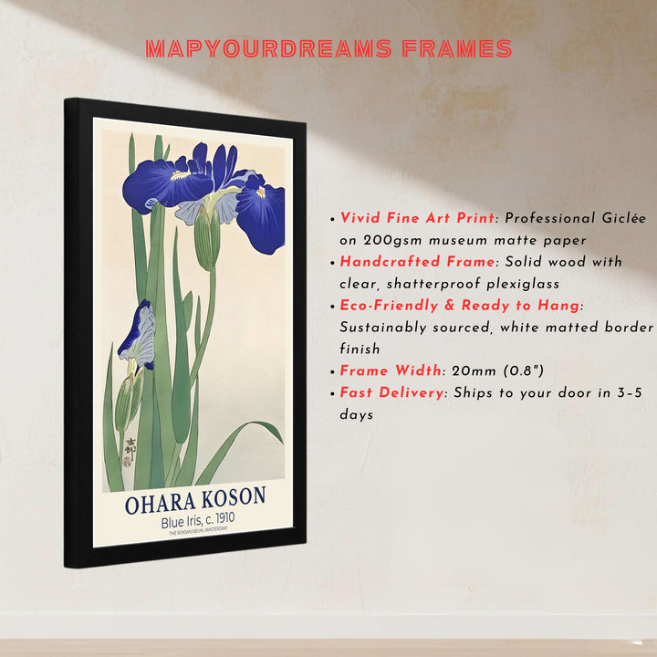 1910 Japanese Shin-hanga floral poster featuring blooming blue iris flowers from a famous exhibit at The Rijksmuseum, Amsterdam. MapYourDreams presents quality framed, unframed, and canvas print options for home decor.