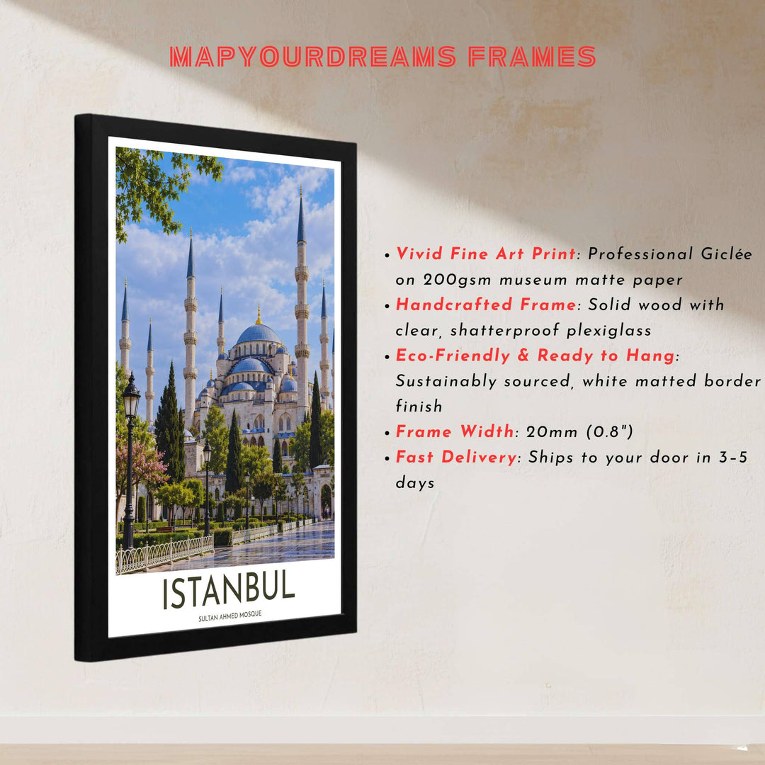 Landscape photography print of Istanbul Blue Mosque showcasing six slender minarets and stone dome structures. Made by MapYourDreams, this artwork is available in flexible options including unframed paper, custom wooden frames, and gallery canvas wraps for living space wall art.