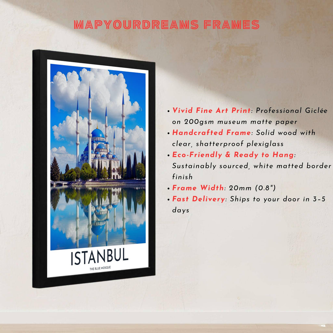 Architectural print of the sacred Sultan Ahmed Blue Mosque in Istanbul Turkey with perfect pool reflection. Built by MapYourDreams, this artwork is available in flexible options including unframed paper, custom wooden frames, and gallery canvas wraps for modern apartment decor.