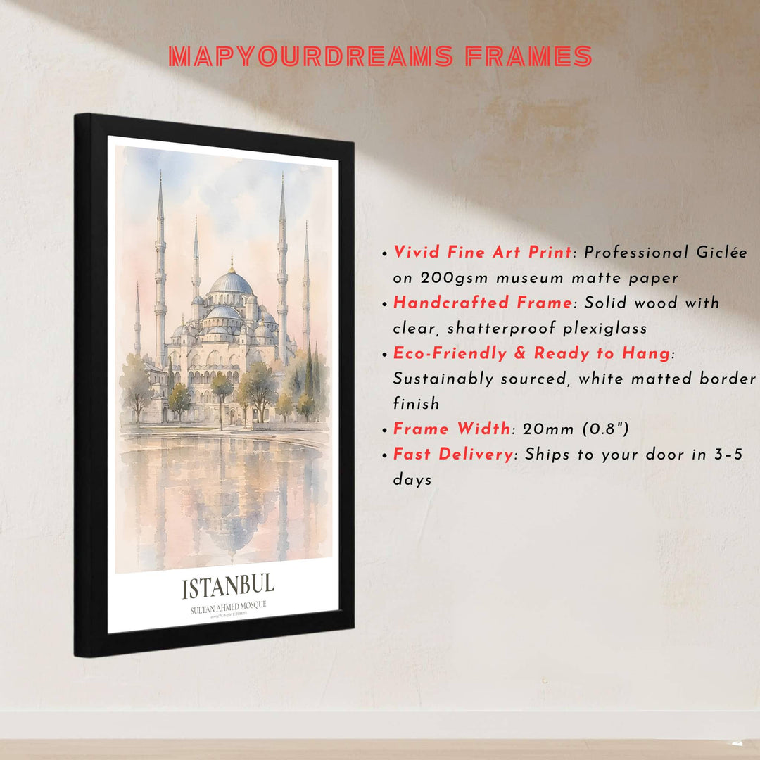 Architectural watercolor print of the sacred Sultan Ahmed Blue Mosque in Istanbul Turkey with peaceful pool reflection. Built by MapYourDreams, this artwork is available in flexible options including unframed paper, custom wooden frames, and gallery canvas wraps for modern apartment decor.