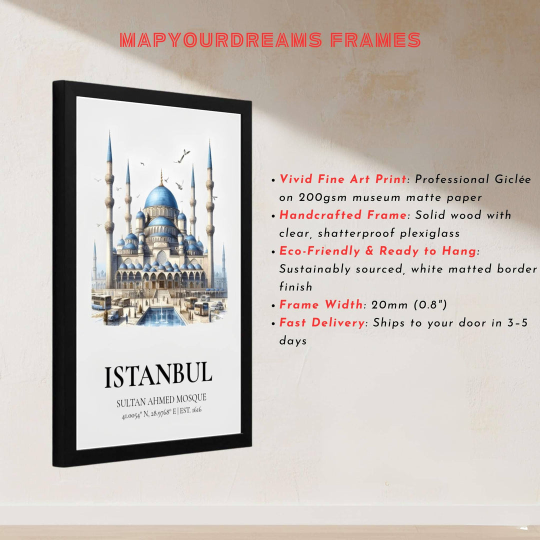 Architectural watercolor print of the sacred Sultan Ahmed Blue Mosque in Istanbul Turkey with plaza fountain detail. Built by MapYourDreams, this artwork is available in flexible options including unframed paper, custom wooden frames, and gallery canvas wraps for modern apartment decor.