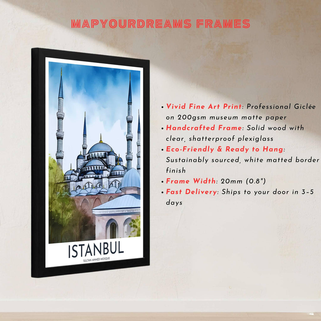 Fine art travel poster of Blue Mosque Istanbul with clean title text and subtitle reading Sultan Ahmed Mosque. Provided by MapYourDreams, this artwork is available in flexible options including unframed paper, custom wooden frames, and gallery canvas wraps for contemporary setups.