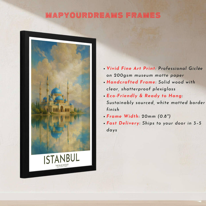 Architectural landscape print of the sacred Sultan Ahmed Blue Mosque in Istanbul Turkey with glass-like lake reflection. Built by MapYourDreams, this artwork is available in flexible options including unframed paper, custom wooden frames, and gallery canvas wraps for modern apartment decor.
