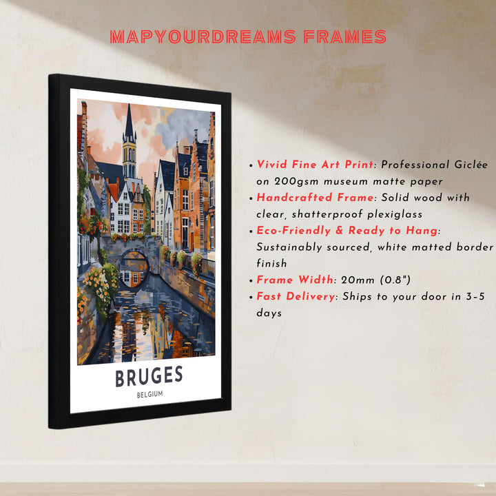 A painterly European print highlighting the medieval charm, canal reflections, and tall spires of Bruges, Belgium. Offered by MapYourDreams, this artwork is available in flexible options including unframed paper, custom wooden frames, and gallery canvas wraps.