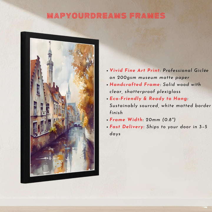 A soft watercolor European print highlighting the medieval charm, gentle water ripples, and golden autumn warmth of Bruges, Belgium. Offered by MapYourDreams, this artwork is available in flexible options including unframed paper, custom wooden frames, and gallery canvas wraps.