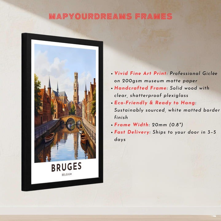 A clean contemporary print highlighting the medieval architecture, stone bridges, and soaring belfry of Bruges, Belgium. Offered by MapYourDreams, this artwork is available in flexible options including unframed paper, custom wooden frames, and gallery canvas wraps.