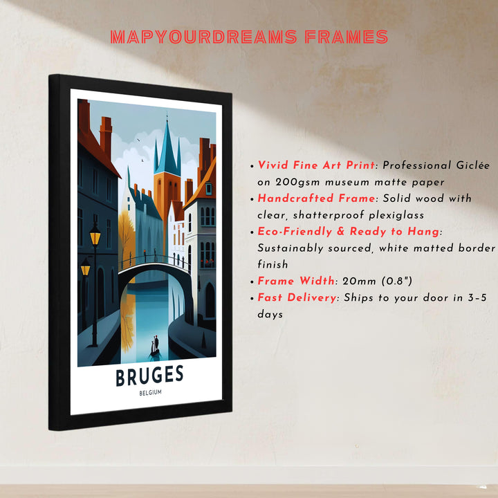 A modern travel poster depicting the canal reflections and arched stone bridge of Bruges, Belgium, with clean text reading Bruges Belgium at the bottom. Available across multiple options including unframed art paper, custom framed poster styles, and gallery canvas wall displays.