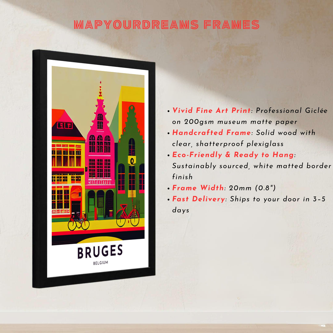 A clean pop art vector print highlighting the famous medieval gabled facades and street scene of Bruges, Belgium, in high-vibrancy color blocks. Offered by MapYourDreams, this artwork is available in flexible options including unframed paper, custom wooden frames, and gallery canvas wraps.