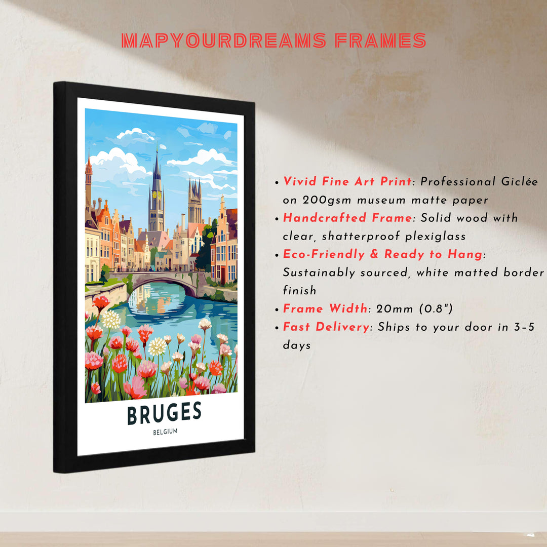 A serene vector illustration featuring foreground wildflowers along a peaceful canal in Bruges, Belgium, with an arched bridge and church spires. Offered by MapYourDreams, this artwork is available in flexible options including unframed paper, custom wooden frames, and gallery canvas wraps.