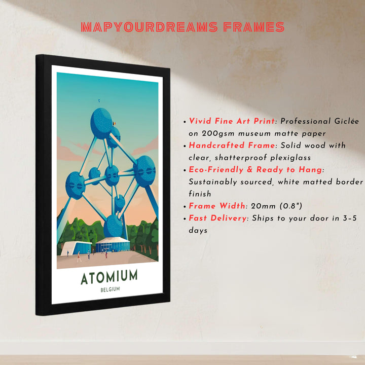 A clean vector illustration capturing the full atomic unit structure of the Atomium in Brussels, Belgium, in cool teal and warm sunset tones. Offered by MapYourDreams, this artwork is available in flexible options including unframed paper, custom wooden frames, and gallery canvas wraps.