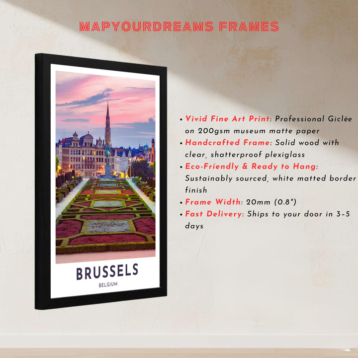 Vibrant cityscape poster showing the manicured lawns and historic architecture of Mont des Arts in Brussels, Belgium, against a dreamy sky. Offered by MapYourDreams, this artwork is available in flexible options including unframed paper, custom wooden frames, and gallery canvas wraps.