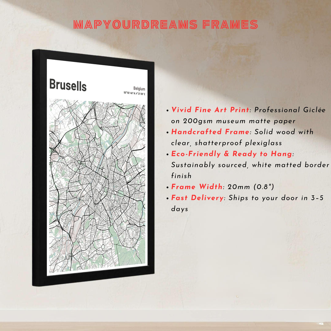 High-contrast city map art showing the sprawling road system of Brussels, Belgium, in light green and crisp monochrome tones. Offered by MapYourDreams, this artwork is available in flexible options including unframed paper, custom wooden frames, and gallery canvas wraps.
