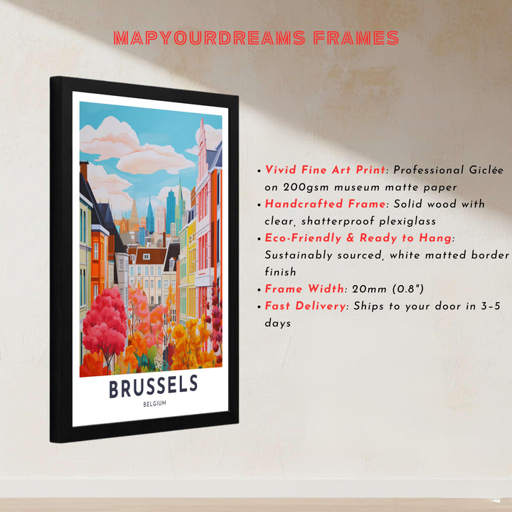 Eye-catching city skyline print highlighting the architectural charm of Brussels, Belgium, amidst fiery orange and yellow autumnal foliage. Offered by MapYourDreams, this artwork is available in flexible options including unframed paper, custom wooden frames, and gallery canvas wraps.