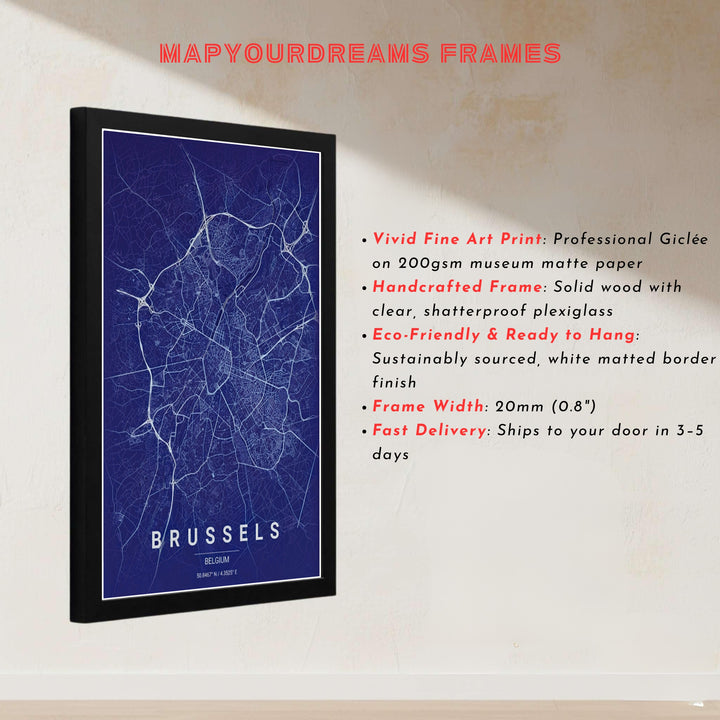High-contrast city map art showing the sprawling road system of Brussels, Belgium, in dark navy blue and stark white tones. Offered by MapYourDreams, this artwork is available in flexible options including unframed paper, custom wooden frames, and gallery canvas wraps.