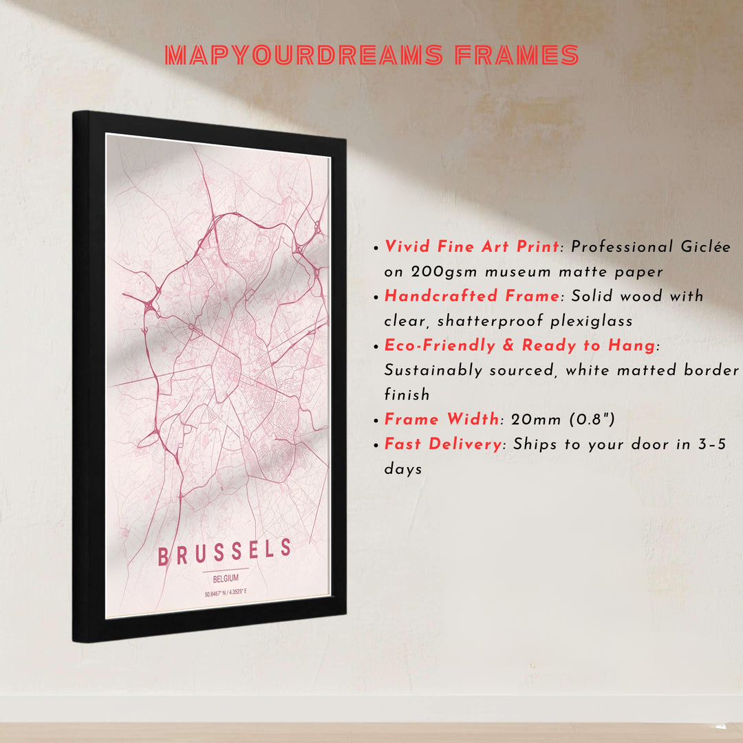 High-contrast city map art showing the sprawling road system of Brussels, Belgium, in light pastel pink and deep rose tones. Offered by MapYourDreams, this artwork is available in flexible options including unframed paper, custom wooden frames, and gallery canvas wraps.