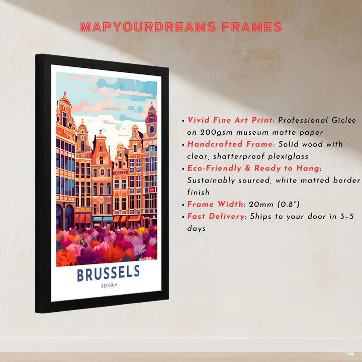 High-contrast pop art cityscape showcasing the famous guild house row of Brussels Grand Place in Belgium with vibrant floral accents. Offered by MapYourDreams, this artwork is available in flexible options including unframed paper, custom wooden frames, and gallery canvas wraps.