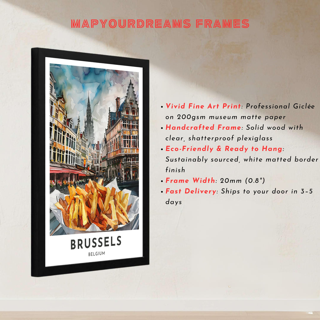 Atmospheric watercolor art depicting delicious Belgian fries with the grand spire of Brussels Grand Place in Belgium rising in the background. Offered by MapYourDreams, this artwork is available in flexible options including unframed paper, custom wooden frames, and gallery canvas wraps.
