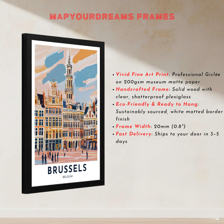 High-contrast pop art cityscape showcasing the famous guild house row of Brussels Grand Place in Belgium with warm pastel sky accents. Offered by MapYourDreams, this artwork is available in flexible options including unframed paper, custom wooden frames, and gallery canvas wraps.