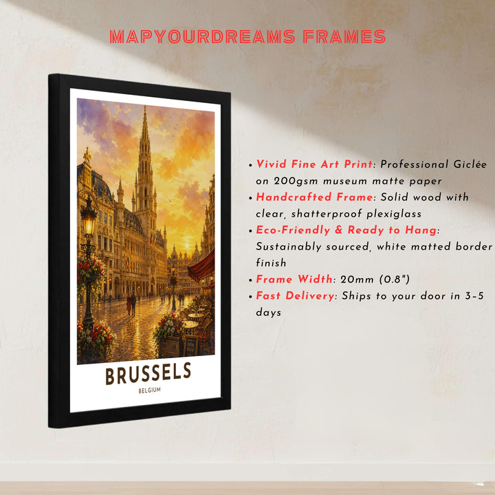Radiant golden sunset art showing the dramatic lighting on the Town Hall and guild house facades of Brussels Grand Place in Belgium. Offered by MapYourDreams, this artwork is available in flexible options including unframed paper, custom wooden frames, and gallery canvas wraps.