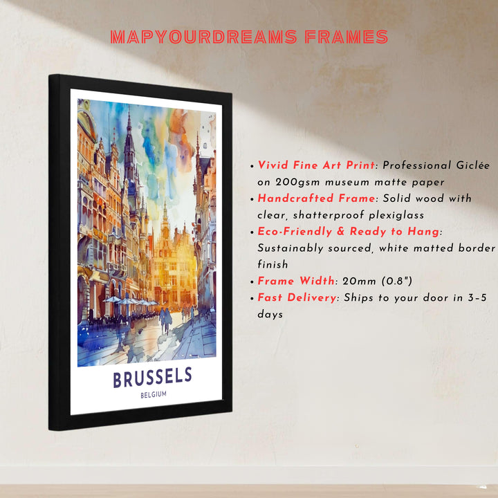 Vibrant watercolor artwork displaying dramatic light bleeds across the Town Hall facade of Brussels Grand Place in Belgium. Offered by MapYourDreams, this artwork is available in flexible options including unframed paper, custom wooden frames, and gallery canvas wraps.
