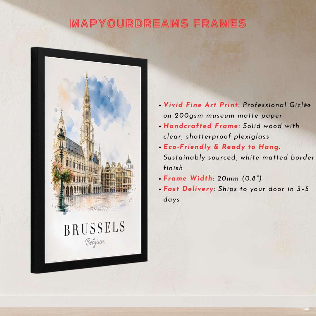 Delicate watercolor artwork displaying light cloud washes behind the soaring spire of Brussels Grand Place in Belgium. Offered by MapYourDreams, this artwork is available in flexible options including unframed paper, custom wooden frames, and gallery canvas wraps.