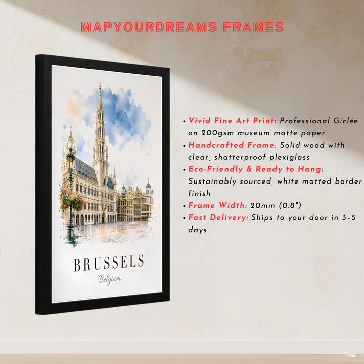 Delicate watercolor artwork displaying light cloud washes behind the soaring spire of Brussels Grand Place in Belgium. Offered by MapYourDreams, this artwork is available in flexible options including unframed paper, custom wooden frames, and gallery canvas wraps.