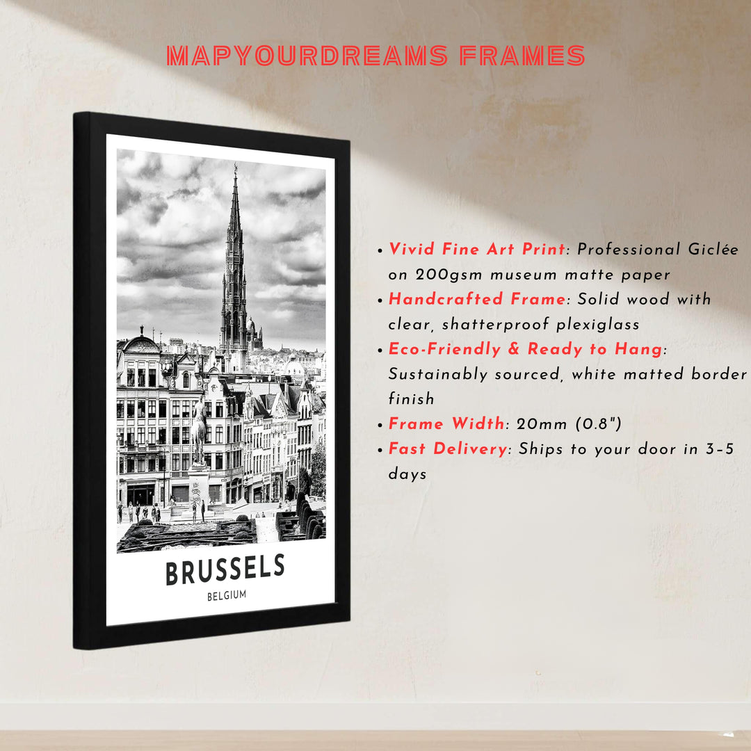 High-contrast monochrome artwork showcasing the manicured gardens and soaring spire at Mont des Arts in Brussels, Belgium. Offered by MapYourDreams, this artwork is available in flexible options including unframed paper, custom wooden frames, and gallery canvas wraps.