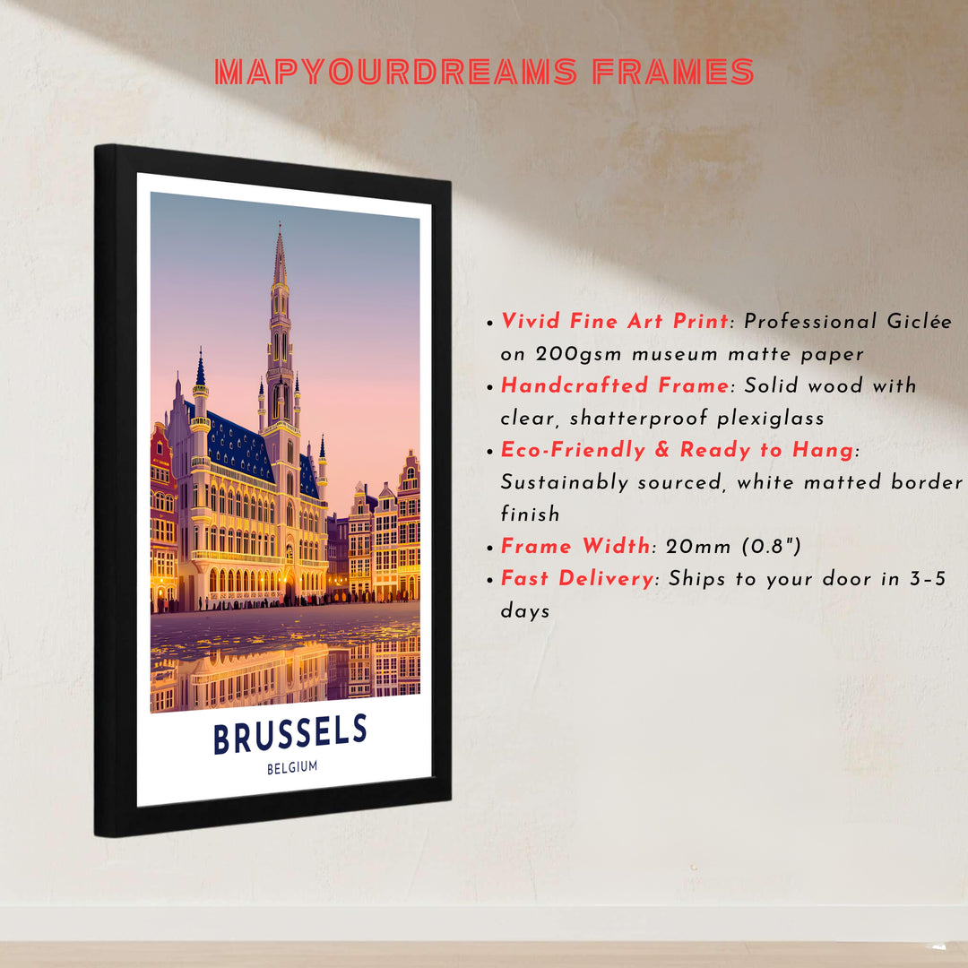 Colorful vector illustration showcasing the soaring spire and sunset reflections at the Grand Place in Brussels, Belgium. Offered by MapYourDreams, this artwork is available in flexible options including unframed paper, custom wooden frames, and gallery canvas wraps.