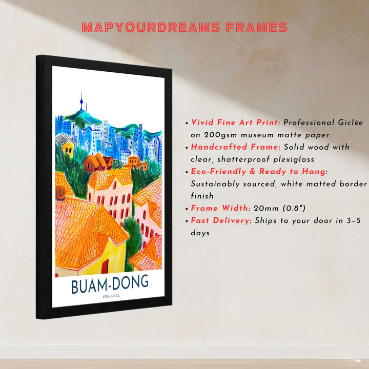 Whimsical urban landscape print honoring Buam-dong, Seoul, featuring bright terracotta roofs, emerald green forest patches, and cobalt blue city high-rises under N Seoul Tower. Offered by MapYourDreams, this artwork is available in flexible options including unframed paper, custom wooden frames, and gallery canvas wraps.