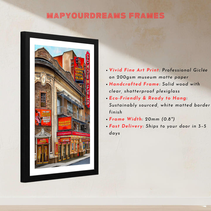 Manhattan Theatre District illustration showcasing the tall vertical marquee and detailed upper balconies at the Gerald Schoenfeld Theatre in NYC, presented by MapYourDreams with choices for unframed poster prints, museum wrapped canvas, or custom frame finishes in black, white, and retro white.