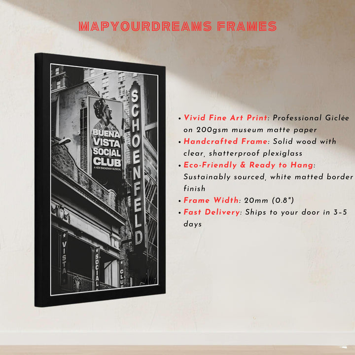 Manhattan Theatre District photography illustration showcasing the tall vertical marquee and detailed brickwork at the Gerald Schoenfeld Theatre in NYC, presented by MapYourDreams with choices for unframed poster prints, museum wrapped canvas, or custom frame finishes in black, white, and retro white.