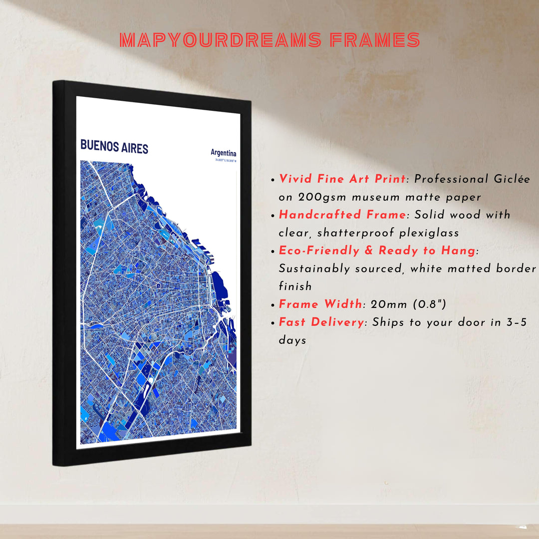 Urban landscape map poster of Buenos Aires detailing transit avenues and coastal waters in vibrant blue vector graphics. Handcrafted by MapYourDreams, customers can select from convenient options like unframed prints, ready-to-hang wooden frames, or gallery canvas wraps.