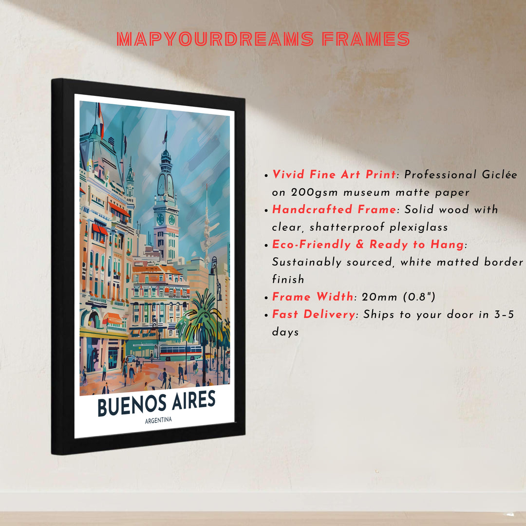 Painterly urban landscape poster capturing the sunlit streetscape, palm foliage, and classic architecture of Argentina. Handcrafted by MapYourDreams, customers can select from convenient options like unframed prints, ready-to-hang wooden frames, or gallery canvas wraps.