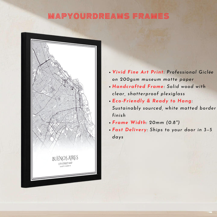 Architectural style city street map print presenting the detailed road network of Buenos Aires in striking high-contrast black and white. Designed by MapYourDreams to suit modern interiors, this piece comes in versatile choices like unframed paper, solid wood frames, and gallery canvas formats.