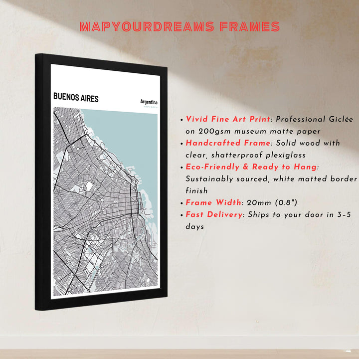 Modern street map print presenting the detailed road network and coastal contours of Buenos Aires in crisp charcoal and blue. Designed by MapYourDreams to suit modern interiors, this piece comes in versatile choices like unframed paper, solid wood frames, and gallery canvas formats.