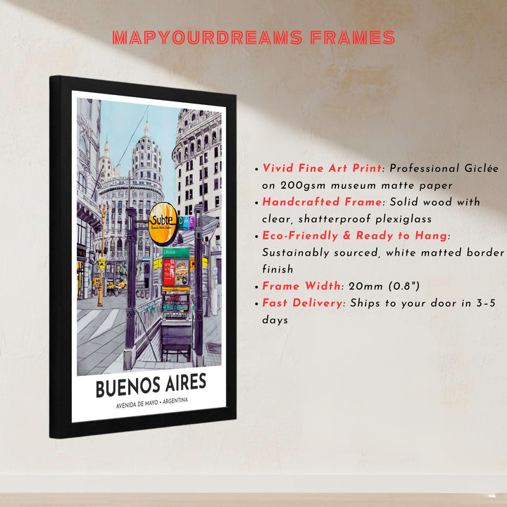 Painterly urban sketch of central Buenos Aires showing metro signage, iron railings, and historic multi-story building facades. Handcrafted by MapYourDreams, customers can select from convenient options like unframed prints, ready-to-hang wooden frames, or gallery canvas wraps.