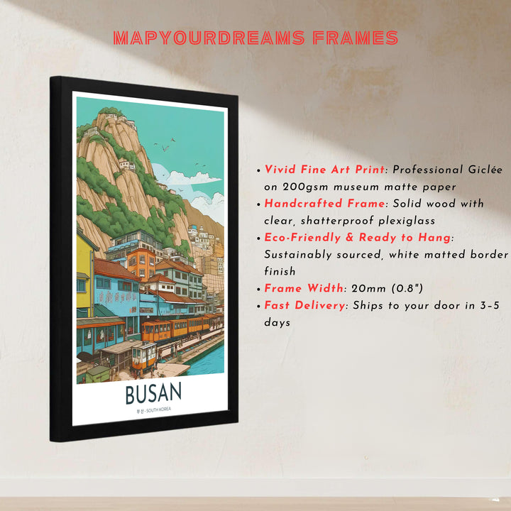 Architectural vector print honoring the coastal landscapes of Busan, South Korea, with terraced hillside homes, dramatic granite cliffs, and a scenic sea train line. Offered by MapYourDreams, this artwork is available in flexible options including unframed paper, custom wooden frames, and gallery canvas wraps.