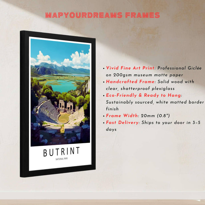 Geographic travel poster of Albania highlighting Butrint&