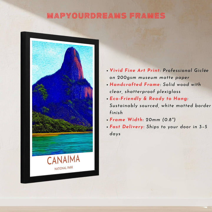 Painterly style travel illustration depicting a sun-kissed sandstone tepui mountain and reflective river in central Venezuela. Handcrafted by MapYourDreams, customers can select from convenient options like unframed prints, ready-to-hang wooden frames, or gallery canvas wraps.