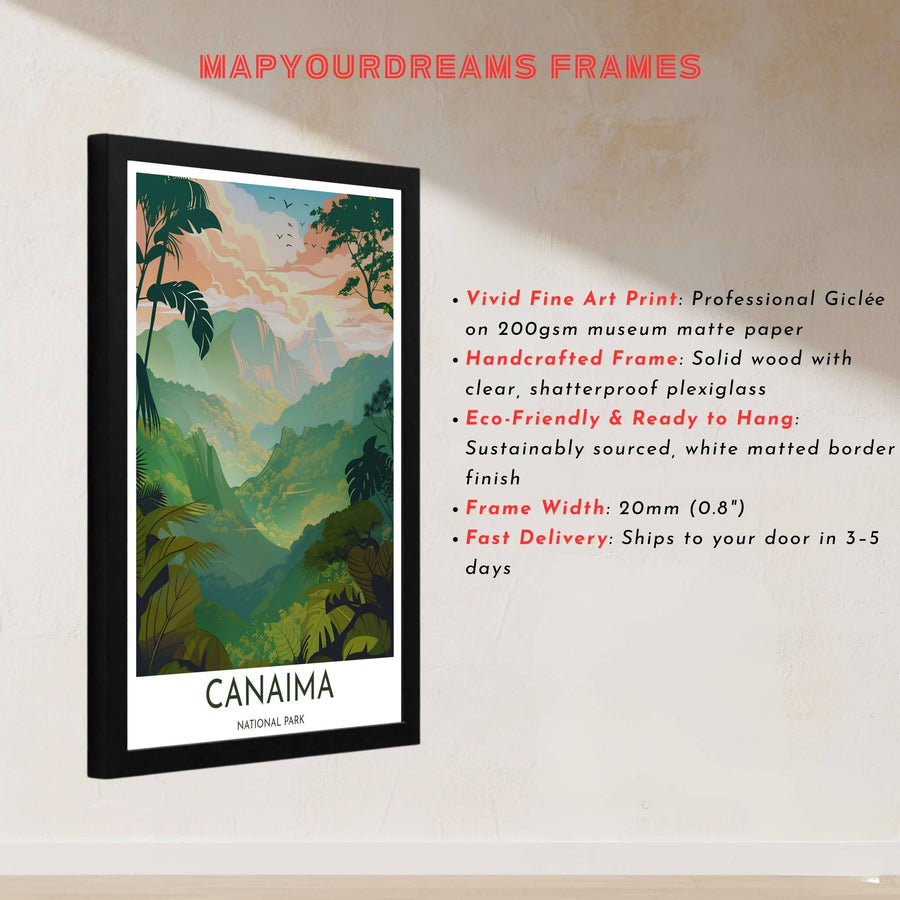 Vector style travel illustration depicting the sunrise over tepui mountains and dense jungle foliage in Venezuela. Handcrafted by MapYourDreams, customers can select from convenient options like unframed prints, ready-to-hang wooden frames, or gallery canvas wraps.