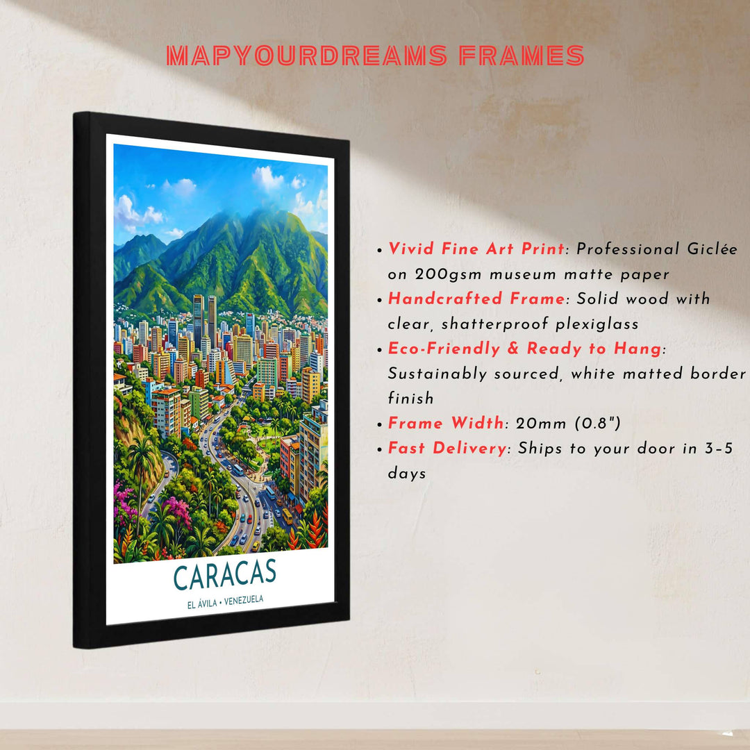 Painterly style urban illustration depicting winding tropical roads, high-rise apartments, and green mountain valleys in Caracas. Handcrafted by MapYourDreams, customers can select from convenient options like unframed prints, ready-to-hang wooden frames, or gallery canvas wraps.