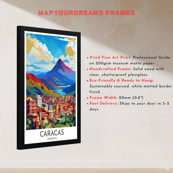 Vector style mountain illustration depicting colorful terraced buildings and a majestic mountain peak in central Venezuela. Handcrafted by MapYourDreams, customers can select from convenient options like unframed prints, ready-to-hang wooden frames, or gallery canvas wraps.