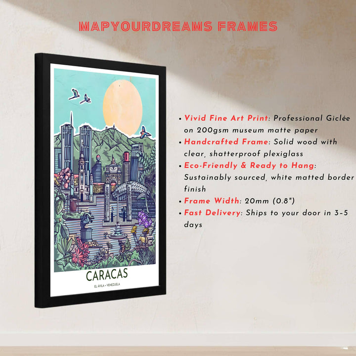 Pop art style urban illustration depicting flying macaws, city fountains, and Mount El Ávila in central Venezuela. Handcrafted by MapYourDreams, customers can select from convenient options like unframed prints, ready-to-hang wooden frames, or gallery canvas wraps.