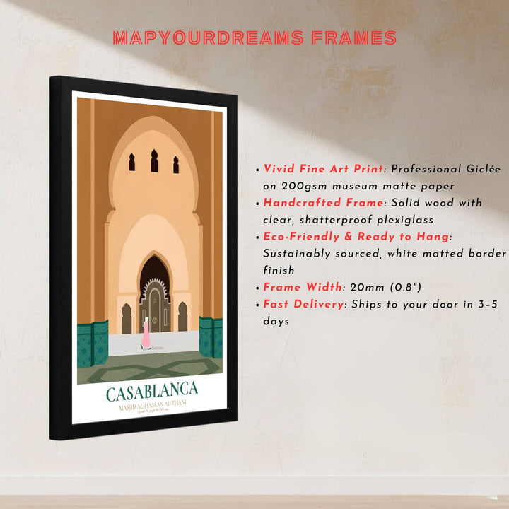 Architectural print of the sacred Hassan II Mosque in Casablanca Morocco with emerald green tile accents and horseshoe arch. Built by MapYourDreams, this artwork is available in flexible options including unframed paper, custom wooden frames, and gallery canvas wraps for modern apartment decor.